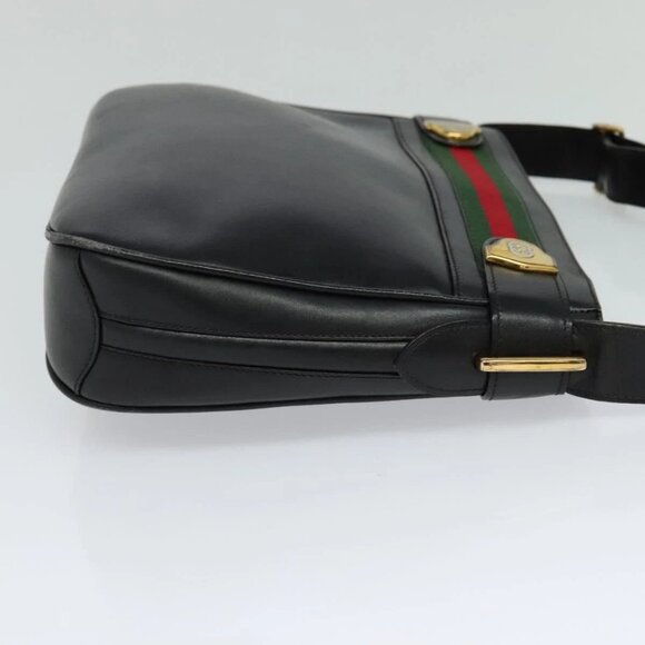 GUCCI Web Sherry Line Shoulder Bag Leather Black Gold Red Auth IN032 - Picture 4 of 16